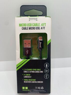 PUG Micro USB Cable 4 Ft Charge & Sync Durable Tangle Resistant Black